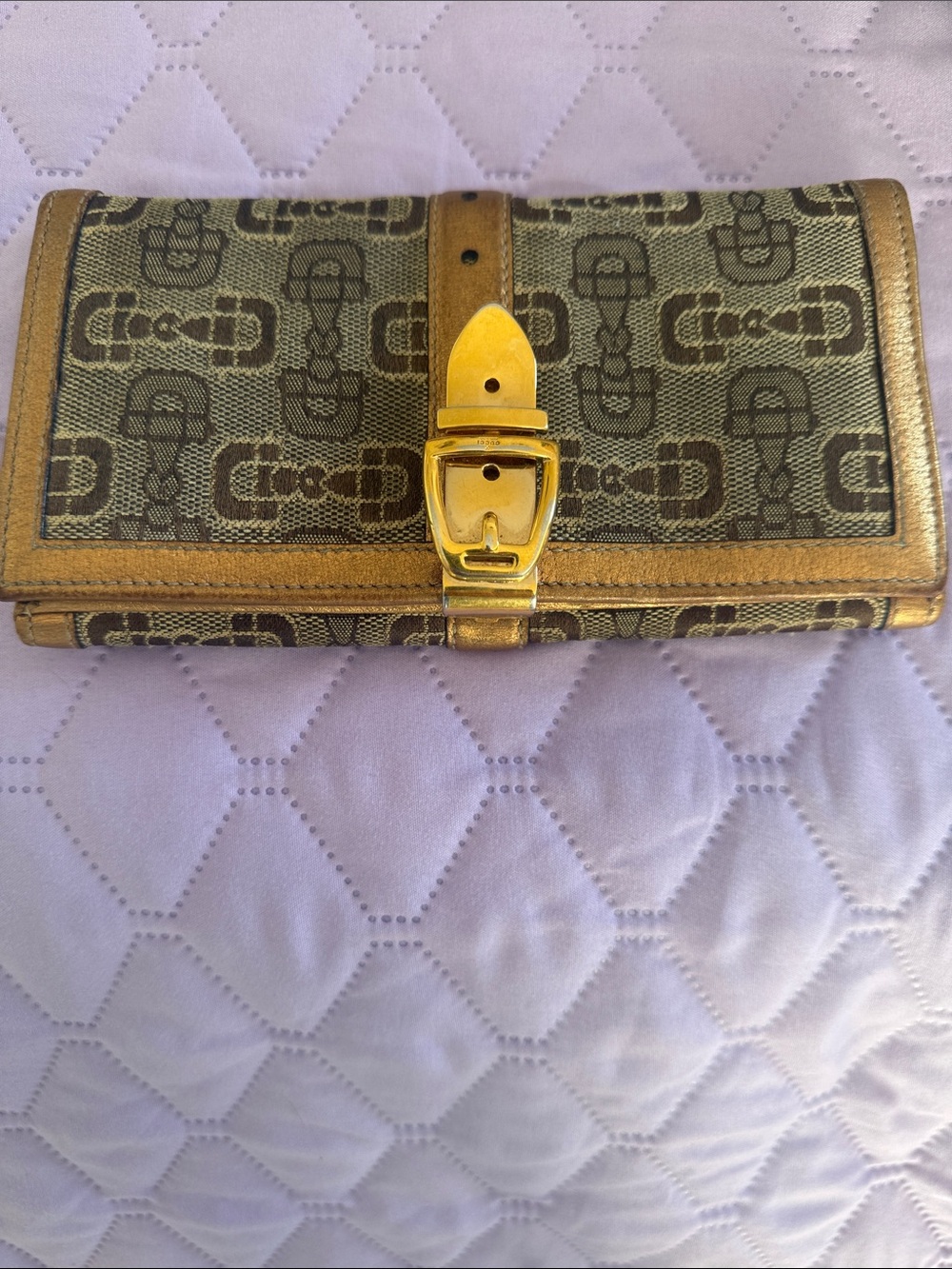 Gucci Women's Signature Pattern Wallet in Brown with Gold Buckle